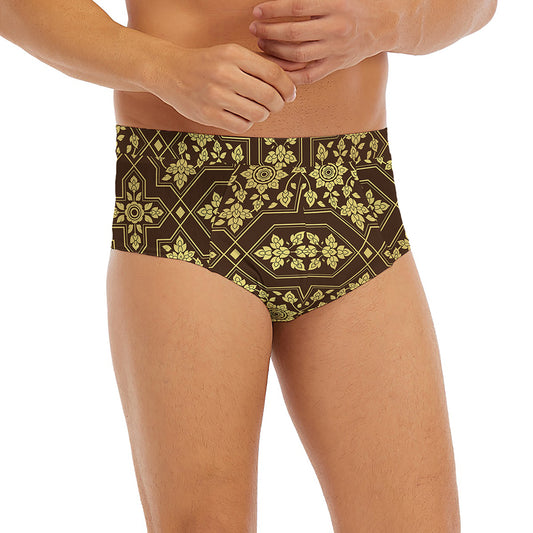 Gold And Brown Thai Pattern Print Men's Briefs