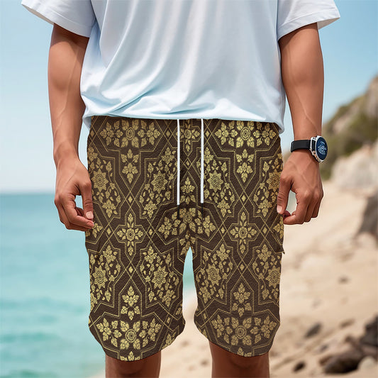 Gold And Brown Thai Pattern Print Men's Cargo Shorts
