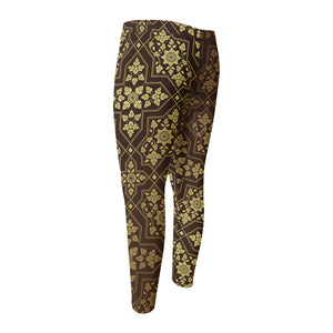 Gold And Brown Thai Pattern Print Men's Compression Pants