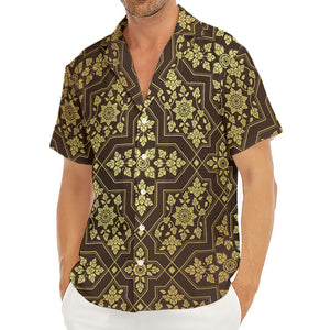 Gold And Brown Thai Pattern Print Men's Deep V-Neck Shirt