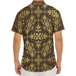 Gold And Brown Thai Pattern Print Men's Deep V-Neck Shirt