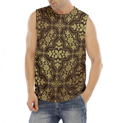 Gold And Brown Thai Pattern Print Men's Fitness Tank Top