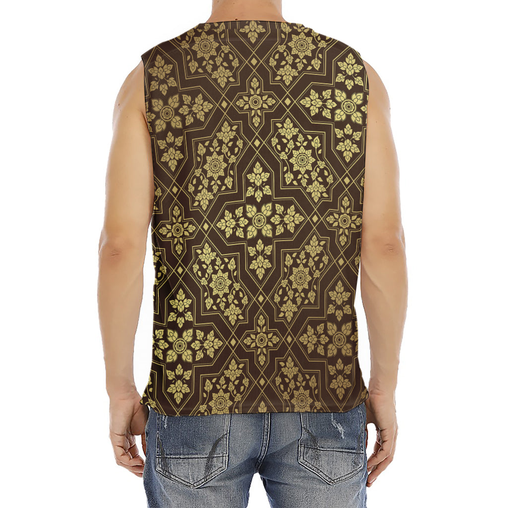 Gold And Brown Thai Pattern Print Men's Fitness Tank Top