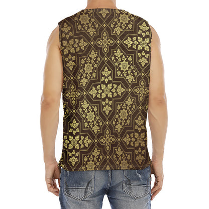 Gold And Brown Thai Pattern Print Men's Fitness Tank Top
