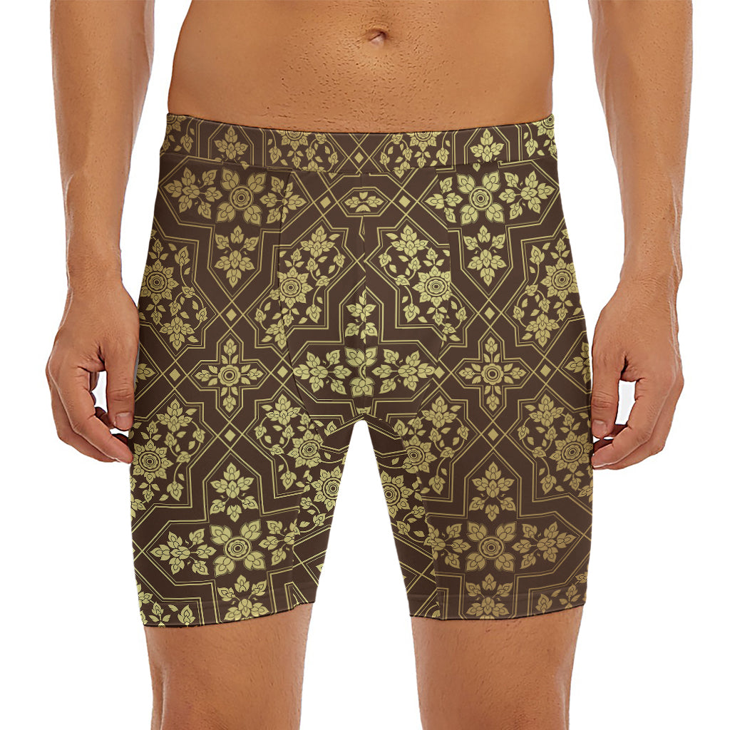 Gold And Brown Thai Pattern Print Men's Long Boxer Briefs