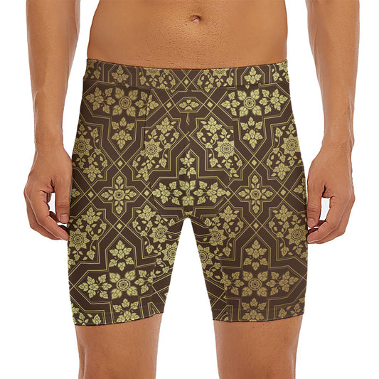 Gold And Brown Thai Pattern Print Men's Long Boxer Briefs