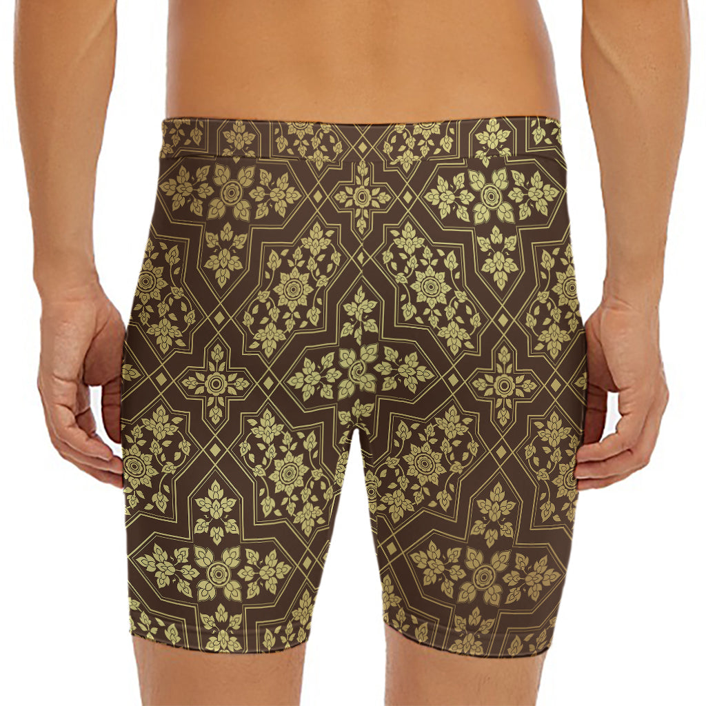 Gold And Brown Thai Pattern Print Men's Long Boxer Briefs