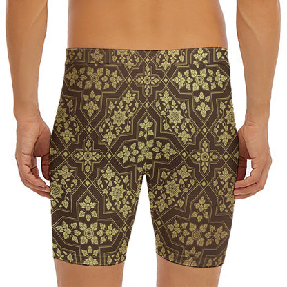 Gold And Brown Thai Pattern Print Men's Long Boxer Briefs