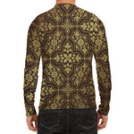Gold And Brown Thai Pattern Print Men's Long Sleeve Rash Guard