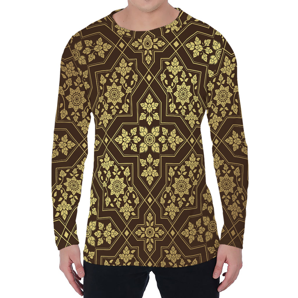 Gold And Brown Thai Pattern Print Men's Long Sleeve T-Shirt