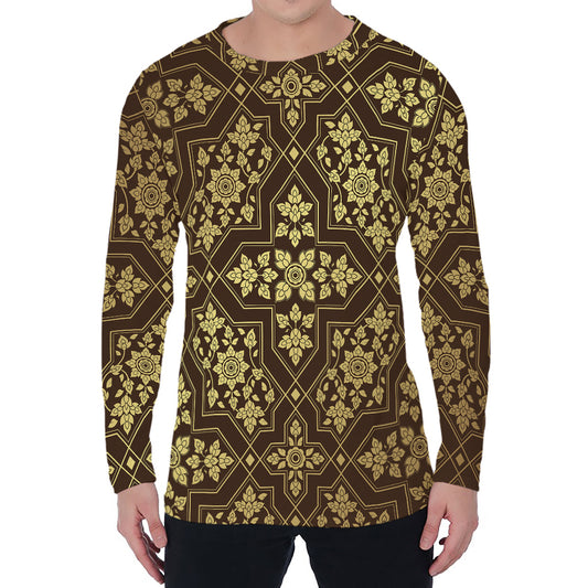 Gold And Brown Thai Pattern Print Men's Long Sleeve T-Shirt