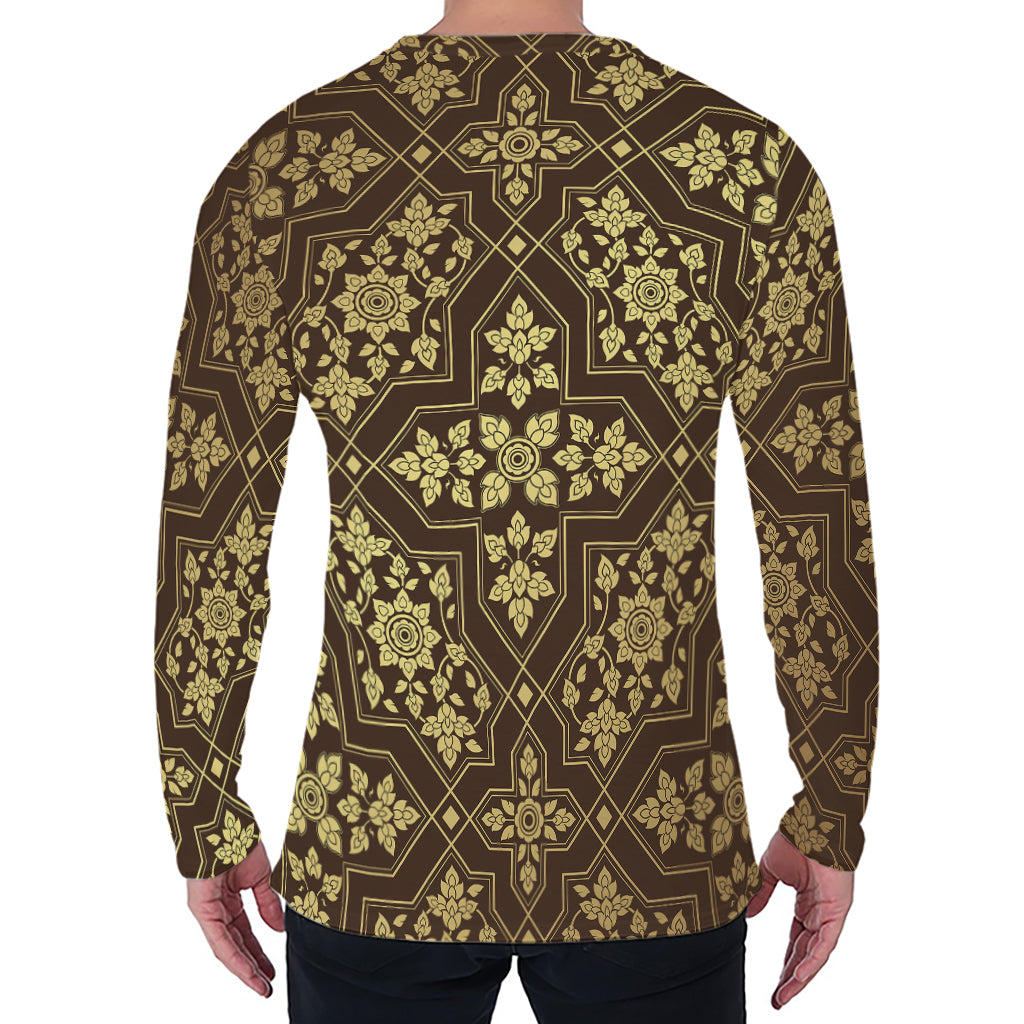 Gold And Brown Thai Pattern Print Men's Long Sleeve T-Shirt