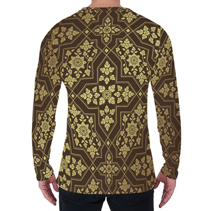 Gold And Brown Thai Pattern Print Men's Long Sleeve T-Shirt
