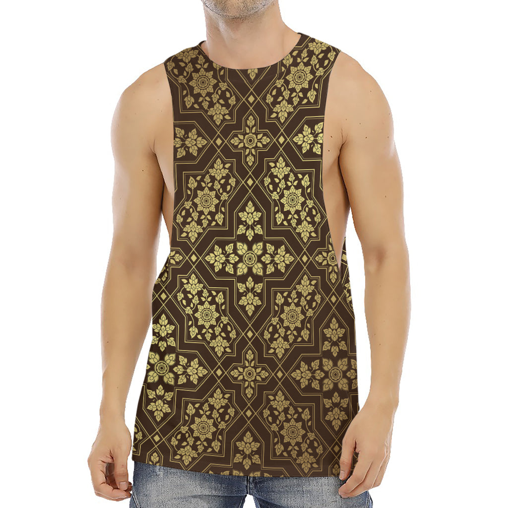 Gold And Brown Thai Pattern Print Men's Muscle Tank Top