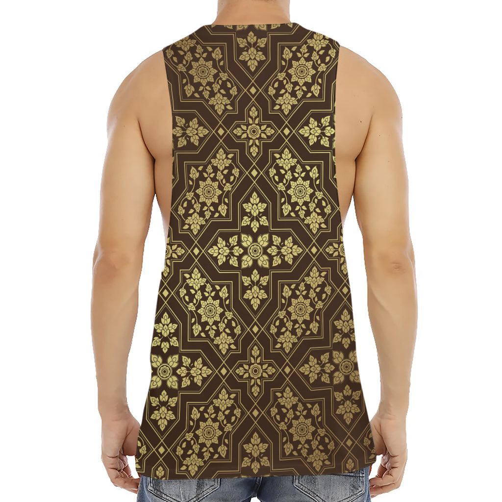 Gold And Brown Thai Pattern Print Men's Muscle Tank Top