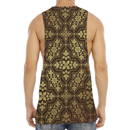 Gold And Brown Thai Pattern Print Men's Muscle Tank Top