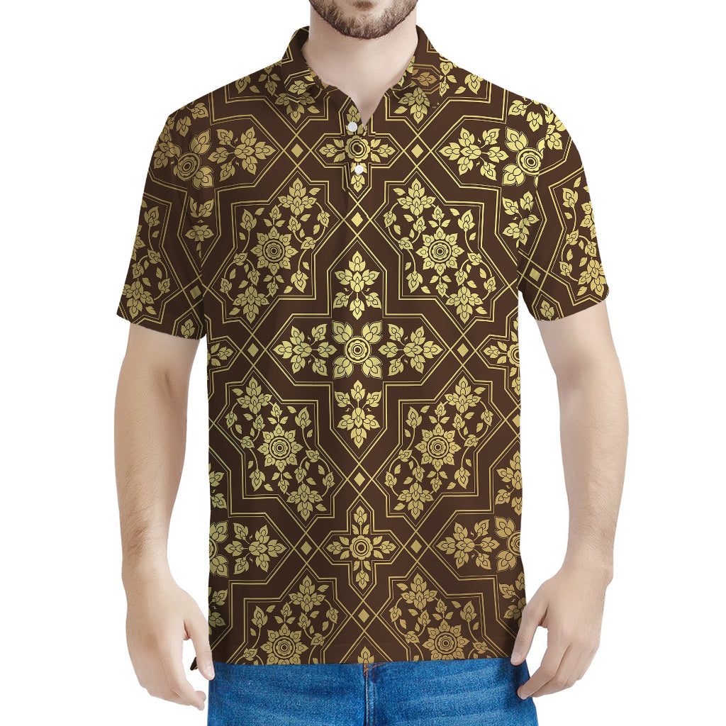 Gold And Brown Thai Pattern Print Men's Polo Shirt