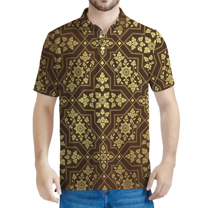 Gold And Brown Thai Pattern Print Men's Polo Shirt