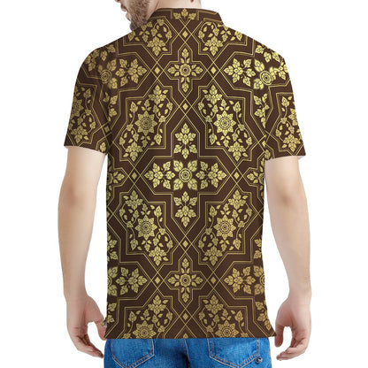 Gold And Brown Thai Pattern Print Men's Polo Shirt