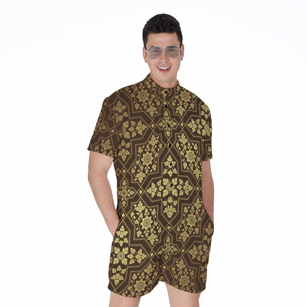 Gold And Brown Thai Pattern Print Men's Rompers