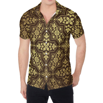 Gold And Brown Thai Pattern Print Men's Shirt