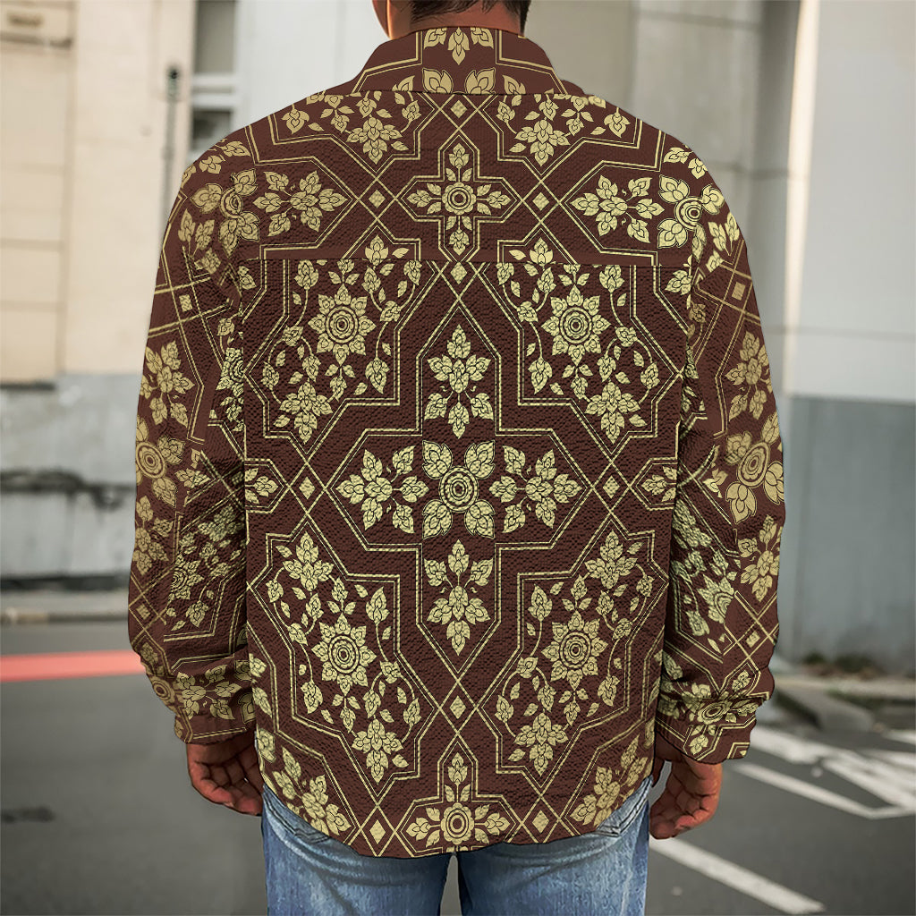 Gold And Brown Thai Pattern Print Men's Shirt Jacket