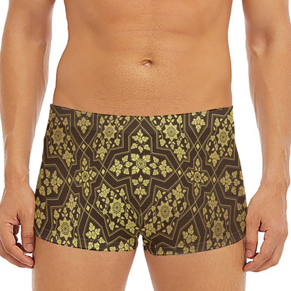 Gold And Brown Thai Pattern Print Men's Short Boxer Briefs