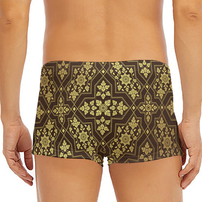 Gold And Brown Thai Pattern Print Men's Short Boxer Briefs