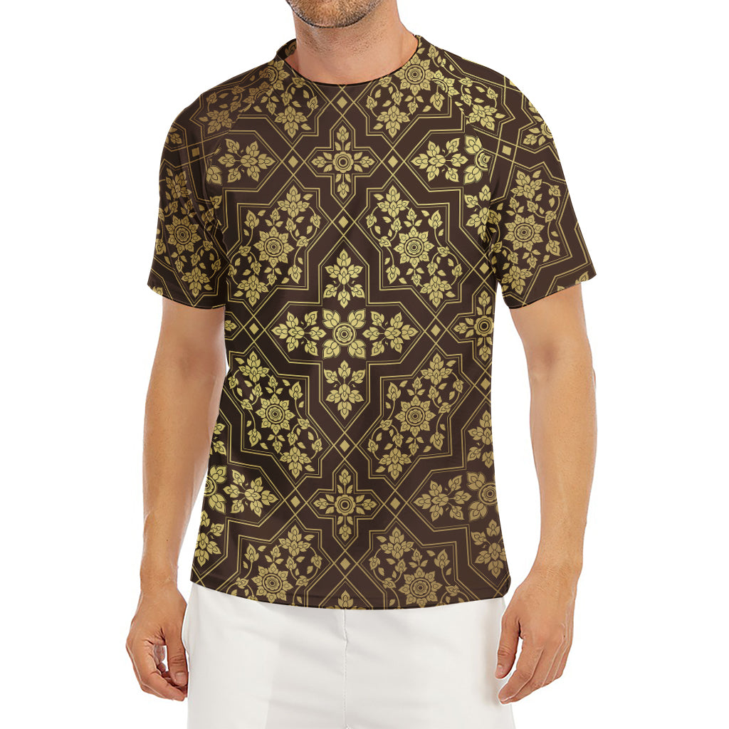 Gold And Brown Thai Pattern Print Men's Short Sleeve Rash Guard