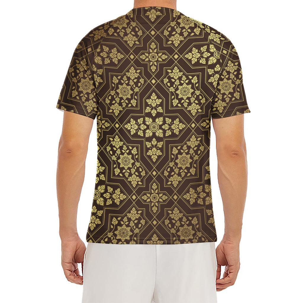 Gold And Brown Thai Pattern Print Men's Short Sleeve Rash Guard