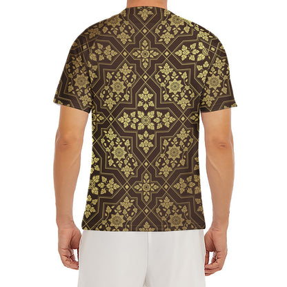 Gold And Brown Thai Pattern Print Men's Short Sleeve Rash Guard