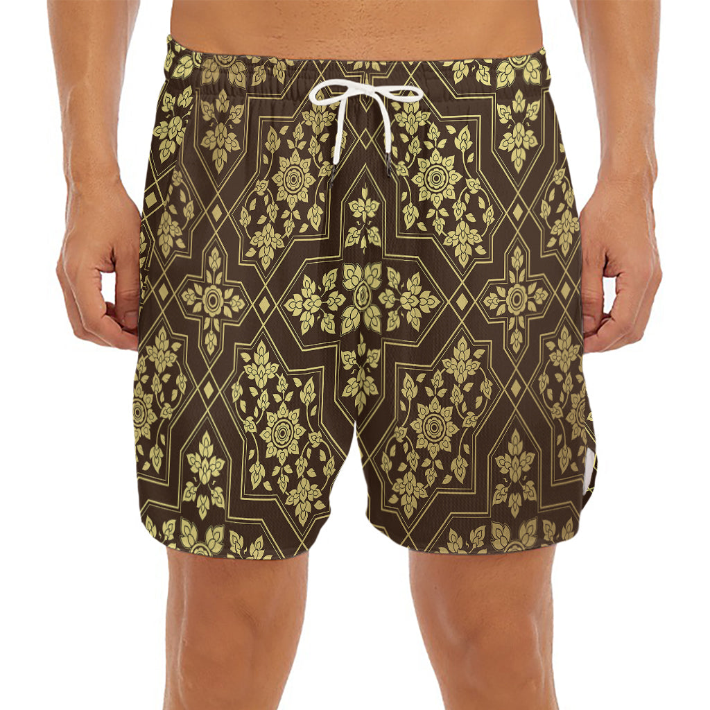 Gold And Brown Thai Pattern Print Men's Split Running Shorts