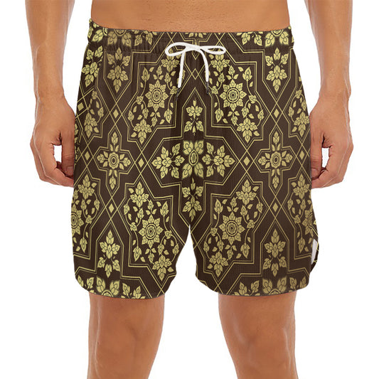 Gold And Brown Thai Pattern Print Men's Split Running Shorts