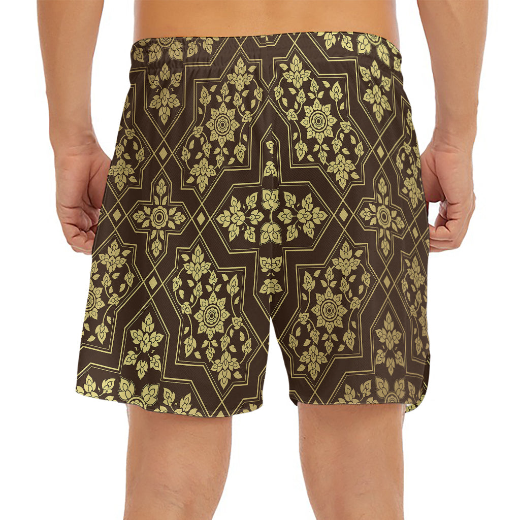 Gold And Brown Thai Pattern Print Men's Split Running Shorts