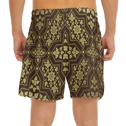 Gold And Brown Thai Pattern Print Men's Split Running Shorts