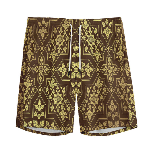 Gold And Brown Thai Pattern Print Men's Sports Shorts