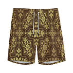 Gold And Brown Thai Pattern Print Men's Sports Shorts