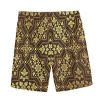 Gold And Brown Thai Pattern Print Men's Sports Shorts