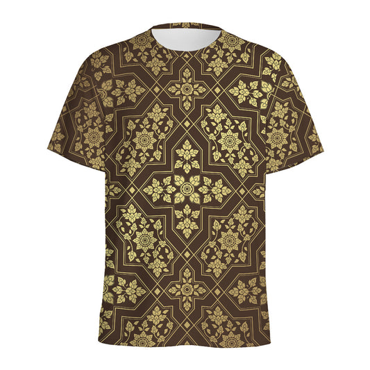 Gold And Brown Thai Pattern Print Men's Sports T-Shirt