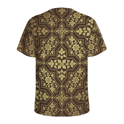 Gold And Brown Thai Pattern Print Men's Sports T-Shirt