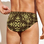 Gold And Brown Thai Pattern Print Men's Swim Briefs