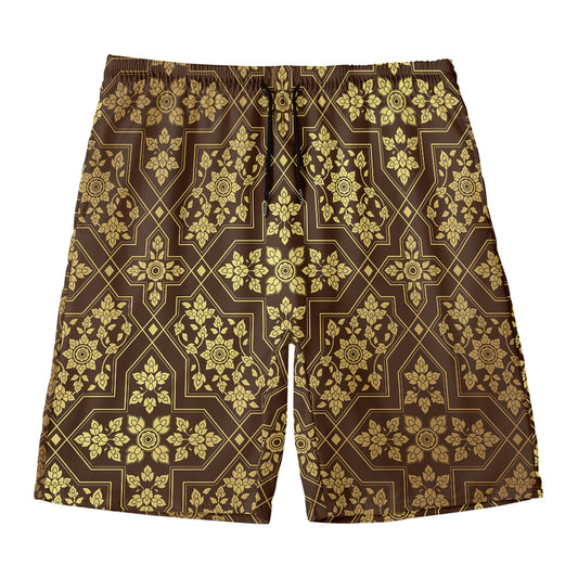 Gold And Brown Thai Pattern Print Men's Swim Trunks