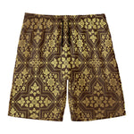 Gold And Brown Thai Pattern Print Men's Swim Trunks