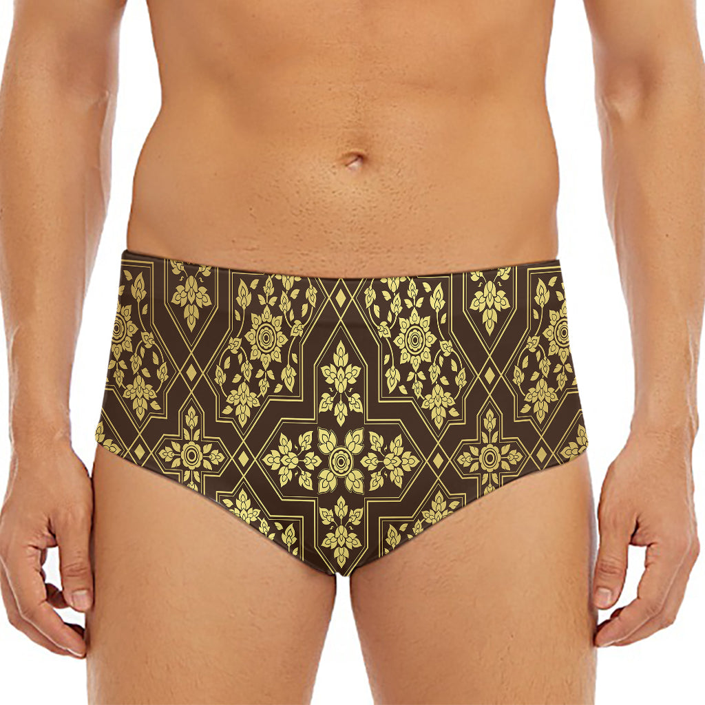 Gold And Brown Thai Pattern Print Men's Triangle Swim Briefs