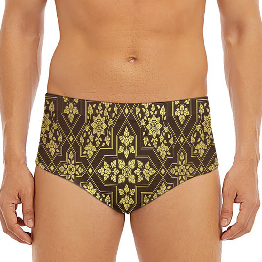 Gold And Brown Thai Pattern Print Men's Triangle Swim Briefs