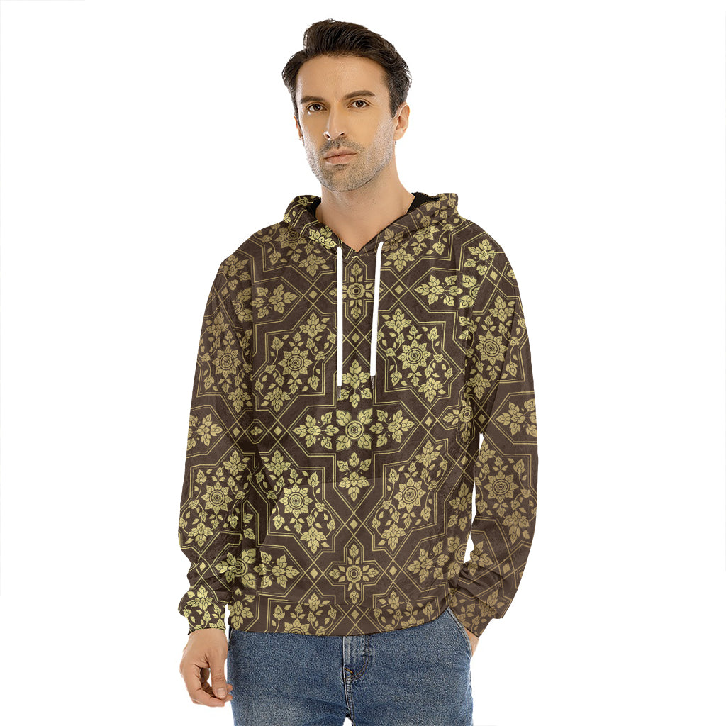 Gold And Brown Thai Pattern Print Men's Velvet Pullover Hoodie