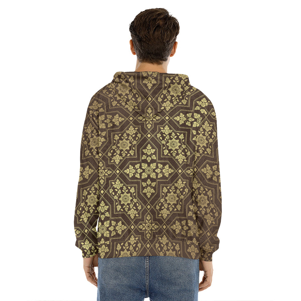 Gold And Brown Thai Pattern Print Men's Velvet Pullover Hoodie