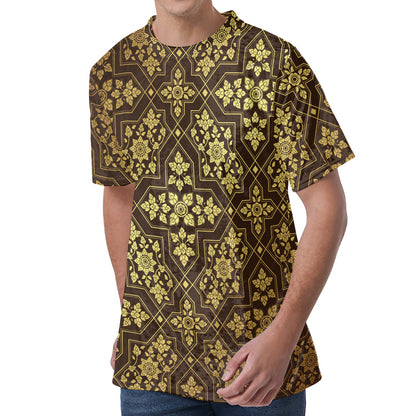 Gold And Brown Thai Pattern Print Men's Velvet T-Shirt
