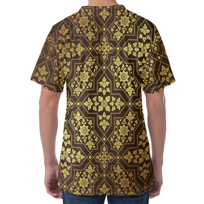 Gold And Brown Thai Pattern Print Men's Velvet T-Shirt