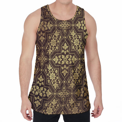 Gold And Brown Thai Pattern Print Men's Velvet Tank Top